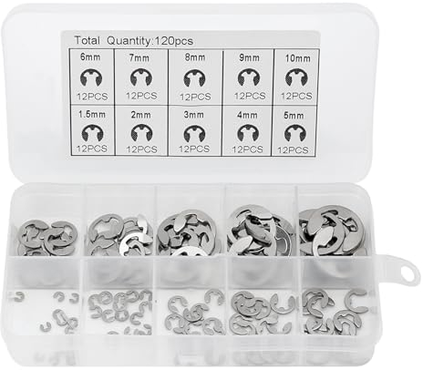 Alicer 120 Pezzi Set di Anelli Elastici di Sicurezza in Acciaio Inox, E-clip Anello, Interno Anello di Sicurezza, con Scatola di Immagazzinaggio, per Fissaggio Cuscinetto, 10 Dimensioni (argento)