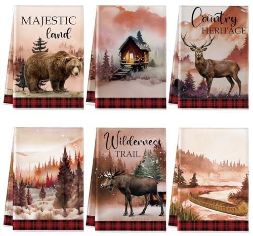 Mixweer Küchentücher mit Wildtiermotiven, rustikale Waldtiere, Handtücher, Elch, Geschirrtücher, Bär, Hirsch, Hütte, Tee, saugfähiges Geschirrtuch für Küche, Badezimmer, Wald, Wildtiere, Dekoration, 6
