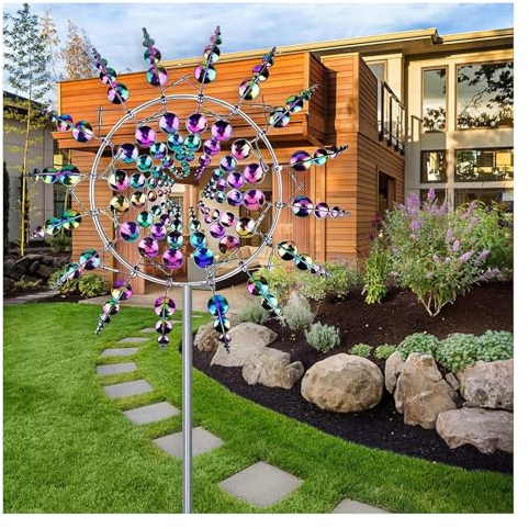 MARMODAY Unique and Magical Metal Windmill 3D Kinetic Wind Spinner with Metal Garden Stake Magic Metal Kinetic Sculpture Wind Metal Catchers windmill for The Yard and Garden Patio Decoration Color