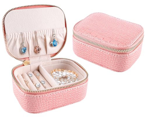 iSuperb Schmuckkästchen Reise, Kleine Schmuckschatulle für Damen, PU Leder Schmucketui Schmuckbox Mini Jewelry Box Aufbewahrungsbox für Ringe Ohrringe Halskette Geschenk, Rosa