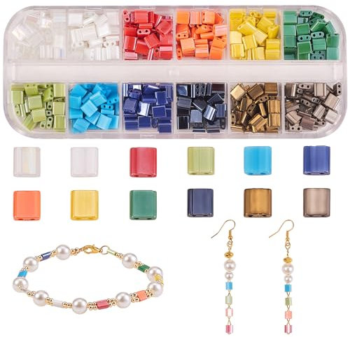 LEGENTLISUR 480 Stück 12 Farben Tila Glasperlen, Rechteck Lose Perlen, Flache Quadratische Perlen, Rocailles Quadratische Glasperlen, für Schmuckherstellung DIY Basteln Perlensticke(Mischfarbe)