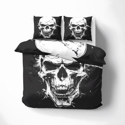 QEODAH Totenkopf Bettwäsche 155x220 - Horror Bettbezug 155x220 3 Teilig - Wendebettwäsche & 2 Kissenbezug 80x80 cm - Weiche Mikrofaser Bettwäsche-Sets mit Reißverschluss - Schlafzimmer Bett Deko