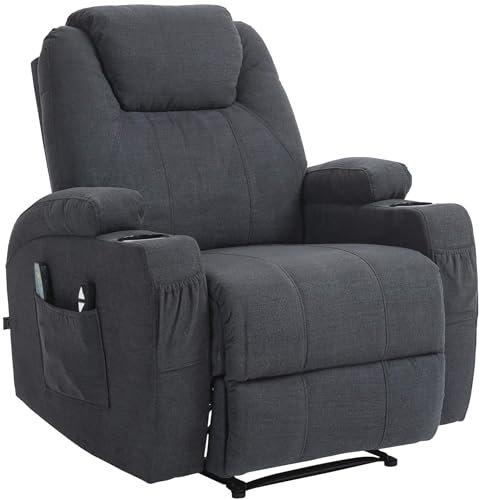 CLP Sessel Hepler Mit Massagefunktion I Verstellbare Rückenlehne Mit Fußstütze Und Getränkehalter I TV-Sessel Mit Wärmefunktion Und Remote, Farbe:dunkelgrau, Material:Stoff