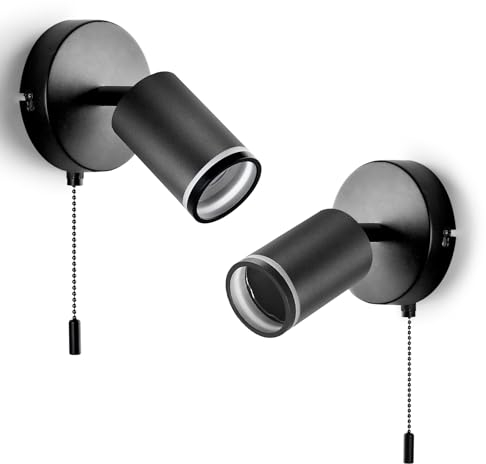 GeyouLux 2 lampade da parete con interruttore – GU10 lampada da parete con interruttore a fune interno nero – faretto da parete vintage girevole a 350° per soggiorno, camera da letto, ufficio, senza