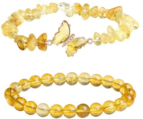 Mezrkuwr 2 Stück Schmetterlings armbänder für Frauen mit 2 Schmuckbeutel, Heilkristall-Armbänder für Frauen, natürlicher Edelstein, Citrin Kristallperlenarmband