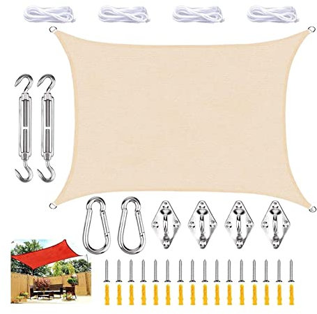 Tenda Da Sole 4 X 5 M Impermeabile, Tenda Da Balcone, Tenda Da Sole Rettangolare Con Set Di Fissaggio, Resistente Alle Intemperie, Protezione UV Traspirante, For Giardino Parasole a vela(Beige,2x5m)