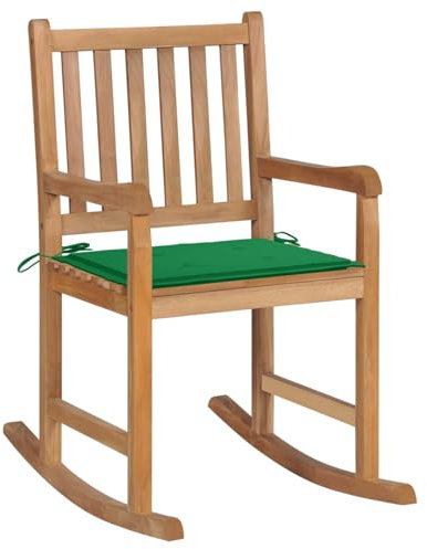 Sufrk Schaukelstuhl mit Grünem Kissen Massivholz Teak Schwingsessel Lesesessel Bequem