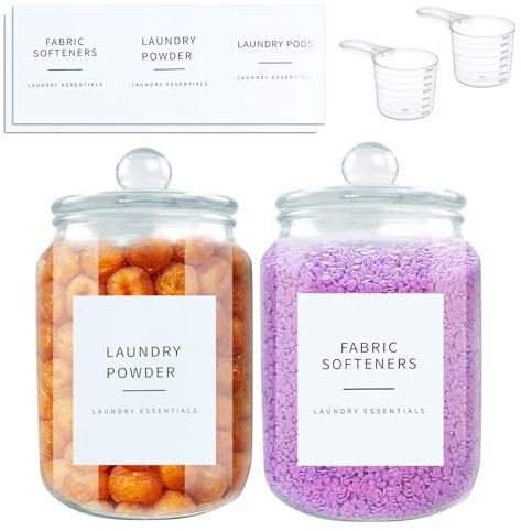 BlyeMichdi 2pcs Glass Jars for Laundry Room Organization, 2000ml Washing Powder Storage Container,Laundry Detergent Dispenser Containers with 6 Labels and Airtight Lid for Washing Pods,Bath Bombs
