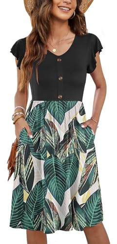 MOLERANI Summer Dresses for Women UK Ruffle Sleeve Sundresses V Neck Ladies Dress Casual Beach Dresses Elastic Waist Midi Dress with Pockets Leaf Print XL Size