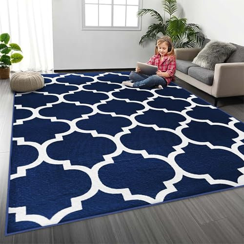MOONLIGHT20015 Rugs Living Room Large 160x230 cm – Trellis Style Navy Blue Area Rugs for Bedroom – Non Slip Modern Printed Carpet For Lounge Dining Room, Ava Navy