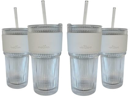 INSETLAN 4 Stück 600ml Gerippte Glas mit deckel und strohhalm, Auslaufsicher Glasbecher mit Deckel und Strohhalm, Glas mit Cup-Ärmel, dickwandige und robuste, ideal als Matcha,Kaffee,Smoothie