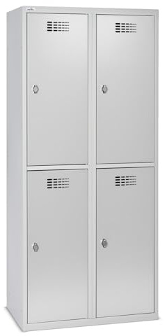 Steinbock Spind 4 Fächer | H180xB80xT50 cm | Lichtgrau | Drehriegelverschluss für Vorhängeschloss | Metallspind inkl. Kleiderstange, Kleiderhaken, Namensschild | Schließfachschrank