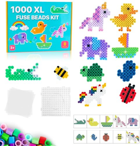 Große 10mm Bügelperlen Set, 1000 Stück XL Steckperlen mit Steckplatte, 10 Bunte Farben XL Bügelperlen, 10 Tiere & Fantasie Muster und Bügelpapier, Kreatives Perlenset für Kinder ab 3 Jahren