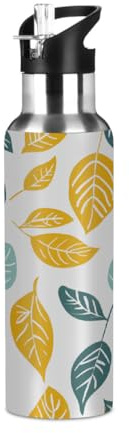 Woltant Bouteille d'eau isotherme en acier inoxydable avec paille - Motif feuilles jaunes et blanches - 600 ml - Pour le travail, les voyages, la salle de sport