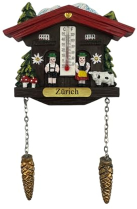 Ciffre Kuckucksuhr Magnet Souvenir Schweiz – Kühlschrankmagnet Alpen Hütte Wetterhaus – Andenken Deko Geschenk Idee – Mitbringsel Sammler Reisemagnet mit Kupfer Label - Zürich