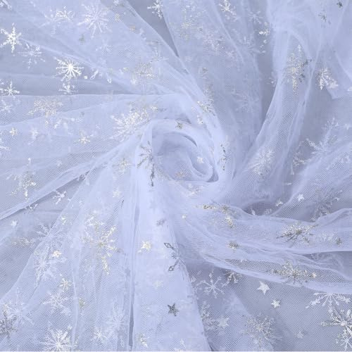 CABODYALS Tela de Tul Blanco con Copos de Nieve de 1.83 m Y 150cm, Organza Transparente con Purpurina Plateada para Árbol de Navidad, Tela de Poliéster Transparente para Coser, Hacer Velos de Boda, F