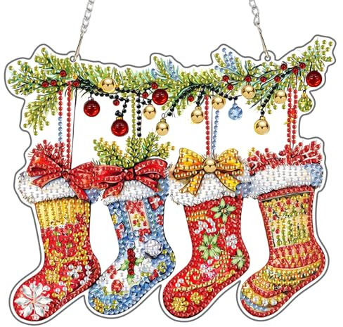 MAXBYE Diamond Painting Art Hanging Pendant Kits Adults, Christmas Stockings Crystal Ornaments with Chain, DIY Gem Painting Hanging Pendants Christmas Decoration for Home Wall & Window 20x20cm