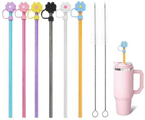 Lot De 6 Pailles Colorées Pour Tasse Stanley - Accessoires Pour Gobelets De Voyage Stanley- 31 cm - Réutilisables - Avec 6 Embouts Couvercle De Paille En Silicone Et 2 Brosses De Nettoyage