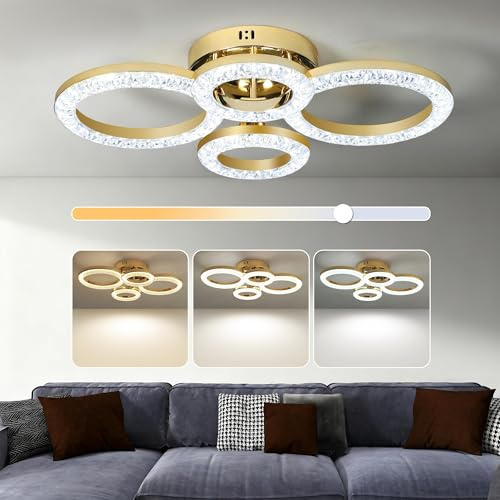 HOMCOM LED Ceiling Light, Modern Dimmable 4 Rings Ceiling Lamp with Wall Switch, 40W 4350lm Flush Mount Ceiling Light with 3500K/4500K/6000K Colour Temperatures for Living Room, Bedroom, Gold Tone
