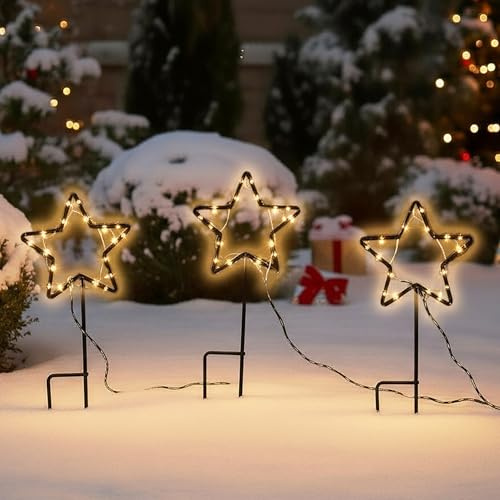 Metall Leuchtstern Gartenstecker 3er Set schwarz 30 LED mit Timer - 21 cm - Weihnachts Beetstecker Soft Gold beleuchtet mit Erdspieß batteriebetrieben - Weihnachten Advent Deko Beleuchtung für Außen