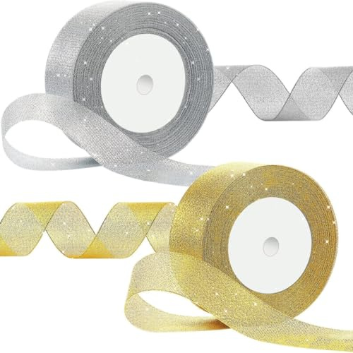 Glitzer Organza Geschenkband 2,5cm x 22,86m, Gold Und Silber Schleifenband aus Stoff für Geschenkverpackung, DIY Basteln, Party-, Hochzeits- & Tischdekoration, Dekoband für Geburtstag, Handgemacht