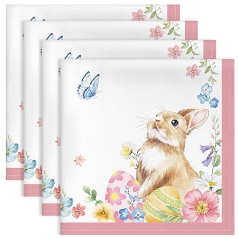 Arquiel Ostern Hase Stoffservietten 100% Baumwolle 4er-Set 45 x 45 cm | Waschbare Stoffservietten aus 100% Baumwolle mit Hase-Motiv, wiederverwendbar für Esstisch, Familienessen, Feste und Feiern.