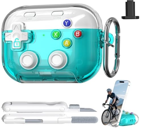 RFUNGUANGO AirPods Pro 3 Hülle, Transparent Gaming Hartschale, Grün | Transparente stoßfeste Hartschale mit Schloss, Gaming-Druckknopf & Handyständer inkl. Reinigungsset für AirPods Pro 3 (2025)