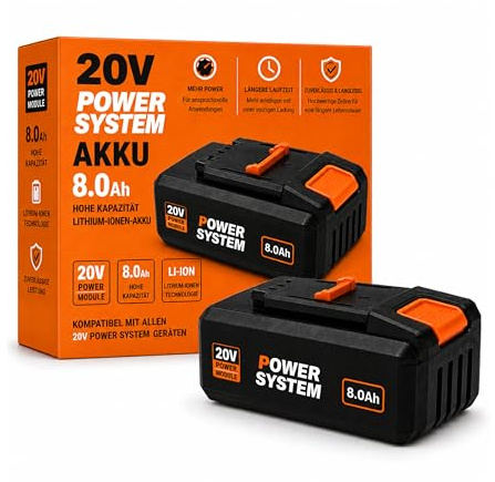 20V 8.0Ah Akku kompatibel mit Worx PowerShare WA3648 – Li-Ion Ersatzakku mit LED Anzeige – Hochleistungsakku für Worx 20V Elektrowerkzeuge – Lange Laufzeit