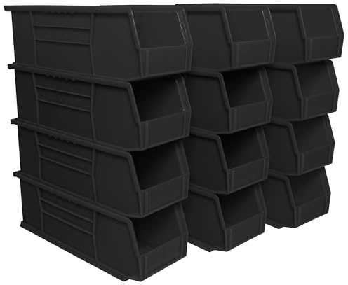 Akro-Mils 30234 AkroBins Plastic Storage Bins, Space-Saving Stackable Bins for Garage, Pantry, Craft Organization, 37,5 cm x 14 cm x 12,7 cm, Black, 12-Pack