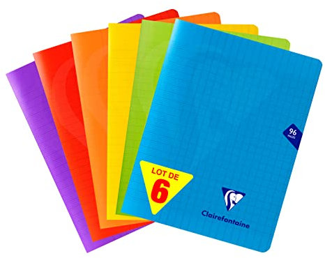 Clairefontaine 293741AMZC Lot de 6 Cahiers Agrafés Mimesys - 17x22 cm - 96 Pages Grands Carreaux - Papier Blanc 90 g - Couverture Polypro (Bleu, Rouge, Vert, Jaune, Violet, Orange)