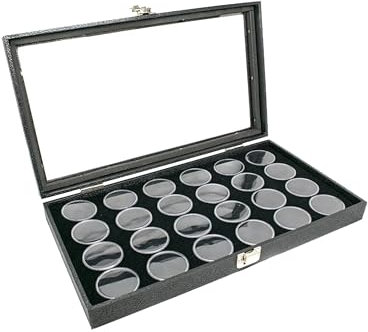 Novel Box Grande vitrine à bijoux 37,5 x 21,6 x 5,3 cm + 24 bocaux à pierres précieuses | Boîte à bijoux en verre avec couvercle et plateau noir doublure en mousse | Boîte de rangement Rock avec