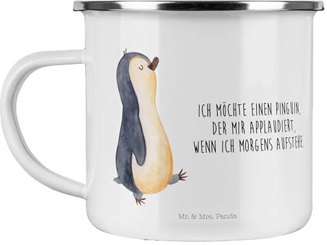 Mr. & Mrs. Panda Camping Emaille Tasse Pinguin marschieren - Geschenk, zufrieden, Schwester, stolz, spazieren, Emaille Becher, Familie,