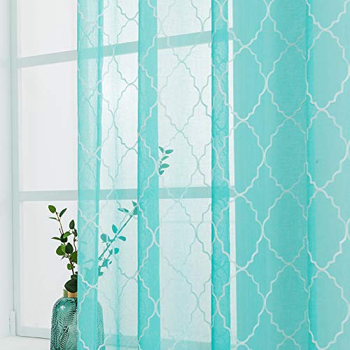 MIULEE Gardinen Vorhang Wohnzimmer 2er Set mit Ösen Transparente Vorhänge Stores gardinen mit kräuselband Stickerei Ösenschal Fensterschal Dekoschal für Schlafzimmer 175 x 140cm (H x B) See Blau