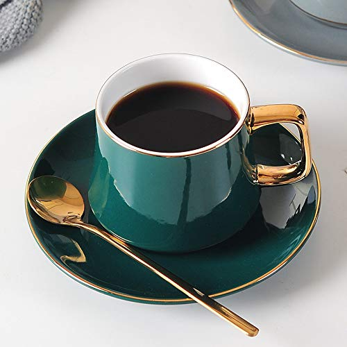 JIUJ Tassen Tassen mit Unterteller Basic für Tee Kaffee Cappuccino Europäisches Keramik Gold Continental Cup Set Grün 190ml