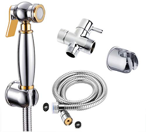 BbfStyle - Marque Française - Luxury Gold and Chrome - Kit douchette WC pour l'hygiène intime - Avec Vanne 3 voies aux Standard Français - Métallique - Finition Chromé - Taharat Taharet