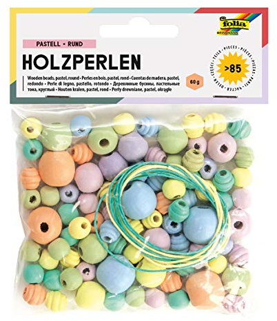 folia 22976 - Holzperlen, 84 Stück, in 6 verschiedenen Farben und 4 verschiedenen Größen, zum Basteln von Ketten und Armbändern, inklusive 2 Schnüre je ca. 85 cm, pastell