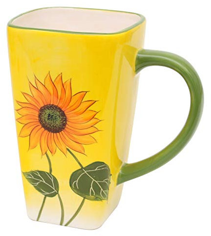 Dekohelden24 Dolomite Kaffeepot/Kaffeetasse eckig, Motiv: Sonnenblume in gelb/grün, Größe ca. 13,8 x 9 x 14,5 cm.