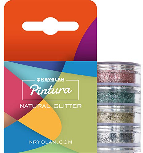 Kryolan Pintura Natural Glitter, 4 Farben-Set, Vegan, Kosmetikglitter, Biologisch abbaubar, Frei von Plastik - ideal für Party, Karneval, Fasching, Festivals & Halloween