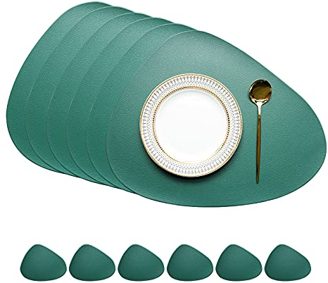 JJ JUJIN Tovagliette lavabili, antiscivolo, in PVC, resistenti al calore, per tavolo da cucina (6 tovagliette e sottobicchieri, verde)