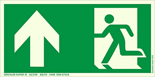 Hochwertiges Notausgangsschild Rettungsweg OBEN Symbol-Schild,Gr.: 300 x 150 mm, langnachleuchtende Aluminium Platte mit selbstklebender Schaumschicht grün, Symbol nach ISO 7010,SUPER-N DIN 67510