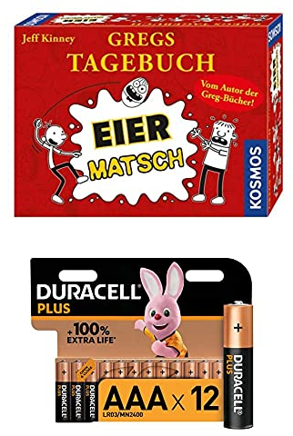 Kosmos 691905 - Gregs Tagebuch - Eier-Matsch, Familienspiel von Jeff Kinney dem Autor von Gregs Tagebücher, für Kinder ab 8 Jahre + Duracell Plus AAA Alkaline-Batterien, 12er Pack