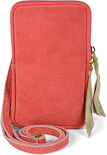 styleBREAKER Damen Leder Handy Umhängetasche aus weichem Veloursleder, Reißverschluss, Echtleder Mini Bag 02012373, Farbe:Koralle