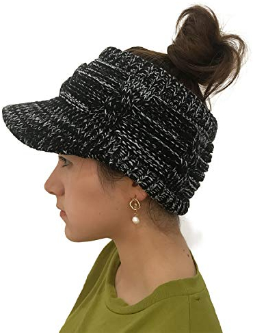 XYIYI Damen Winter Beanie Mütze Warme Visor Pferdeschwanz Hüte Strickmütze (Schwarz-Weiss)