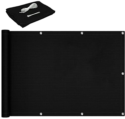 CHBIN Balkon Sichtschutz 0.9x10m Balkonverkleidung UV-Schutz Sonnenschutz mit Ösen, Nylon Kabelbinder und Kordel für Draußen Patio Garten, Schwarz