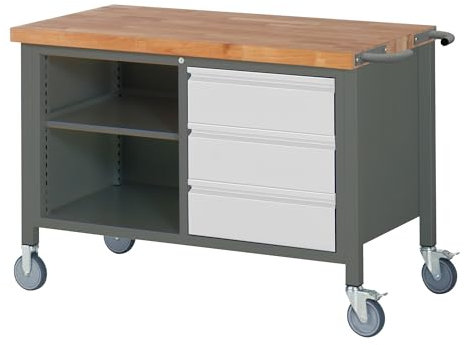 STIER Fahrbare Werkbank Premium mit 3 Schubladen und einem offenen Fach BxTxH 1250x700x880 mm