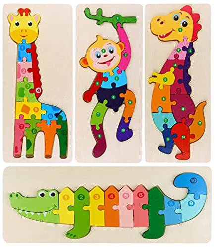 Wooden Jigsaw Puzzles for Toddlers, Dinosaur Animals Puzzles for Kids 1 2 3 Year Old Montessori Educational Games Shape Number Early Learning Toys Gift for Boys Girls