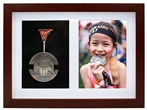 Medaille Display Shadow Box Rahmen Display Einzelmedaille & Foto, Medaillen Vitrine für Läufer, Marathon, Fußball, Gymnastik, alle Sportarten (Walnussbraun, A4)