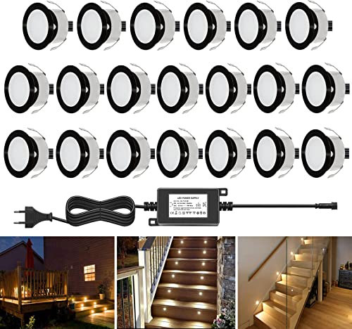 QACA Spots LED Eclairage,Encastrable Extérieur IP67 Acier inoxydable Noir- Spots à Encastrer pour Terrasse Bois Plafond 0,6W DC12V lumière Spot LED Lampe Extérieur [ (blanc chaud, 20 kit‘’)