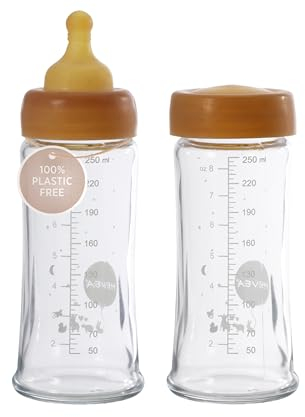 HEVEA Weithals Baby Flaschen Glas - Langsame Strömung Anti Colic Babyflaschen Neugeborene 3-24 Monate - BPA-Frei, Zweierpack (250 ML)