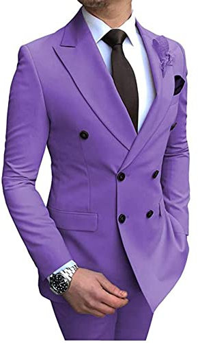 2 PC Regular Fit Uomo Vestito Doppio Petto Tacca Risvolto Sposo Smoking Giacca Pantaloni Business Suit Abito da sposa, Viola chiaro, 48